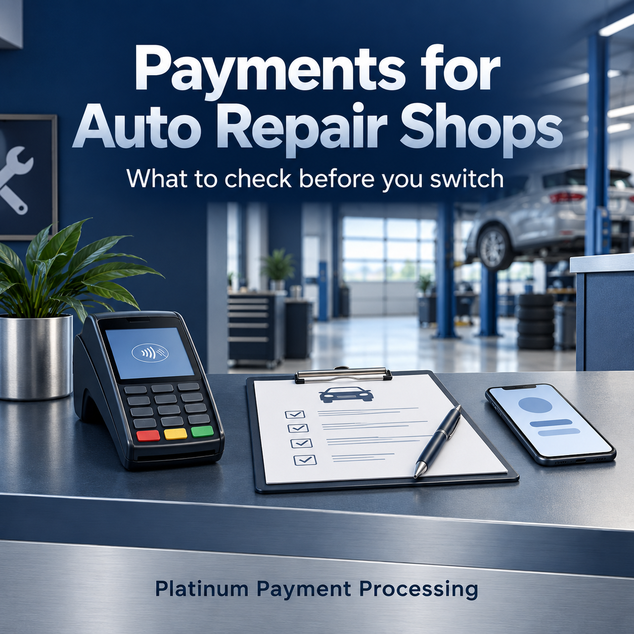 Payments for Auto Repair Shops: What to check before you switch. Illustrated repair reception counter with a payment terminal, clipboard and phone. Platinum Payment Processing.