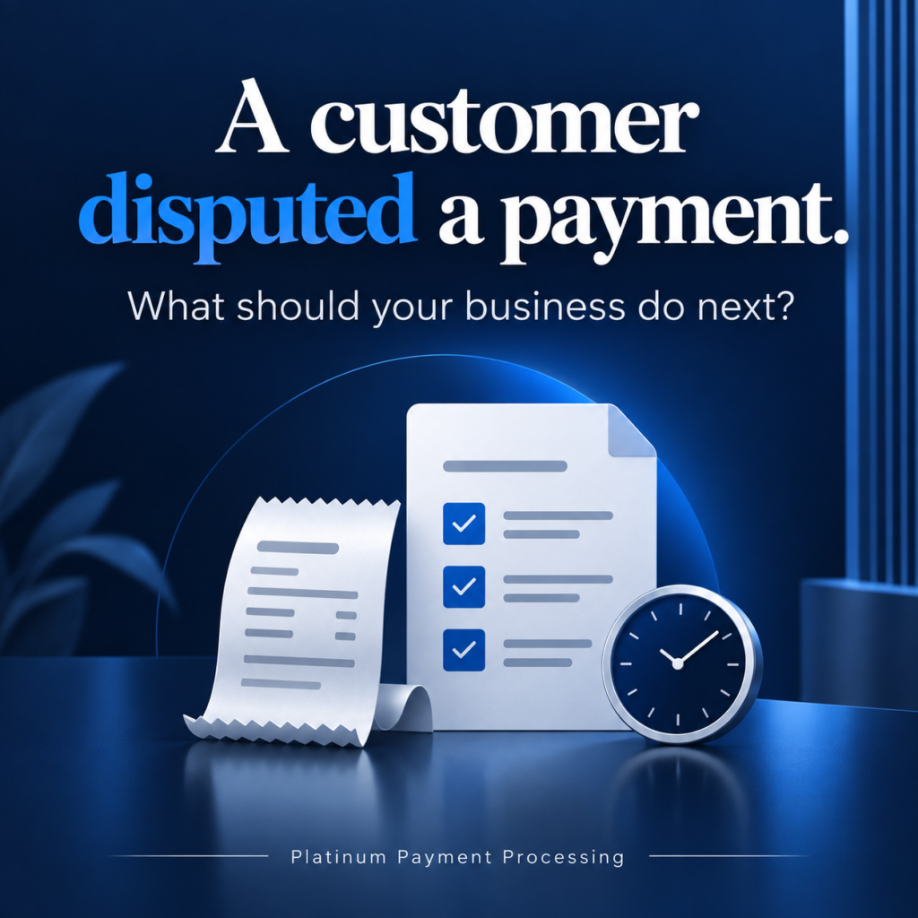 A customer disputed a payment. What should your business do next? Illustrated receipt, checklist and clock. Platinum Payment Processing.