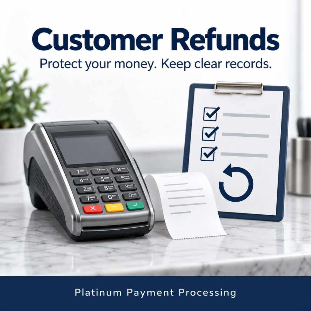 Customer Refunds: Protect your money. Keep clear records. Illustration of a payment terminal, receipt and refund checklist. Platinum Payment Processing.