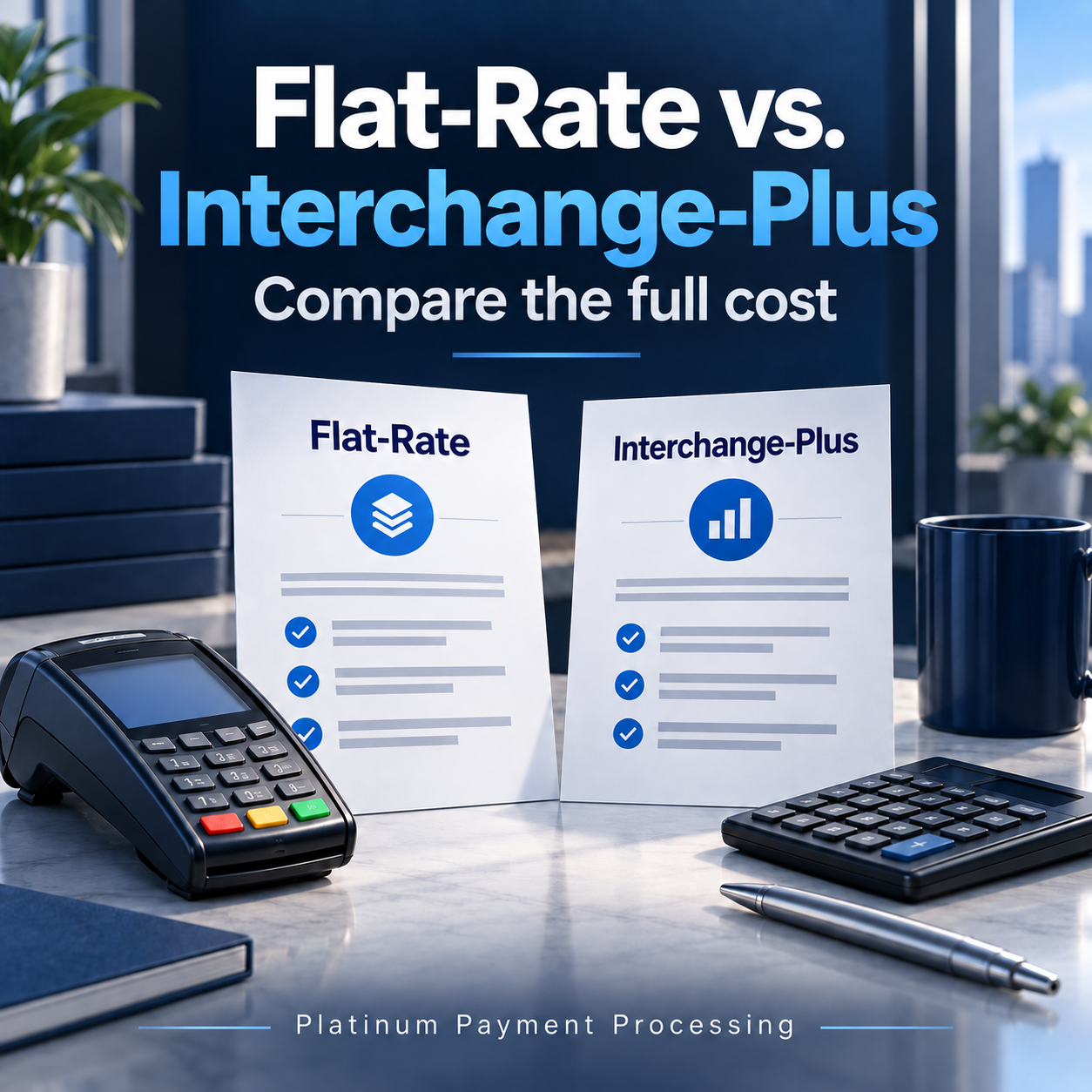Flat-Rate vs. Interchange-Plus: Compare the full cost. Editorial illustration of two proposals beside a payment terminal and calculator. Platinum Payment Processing.