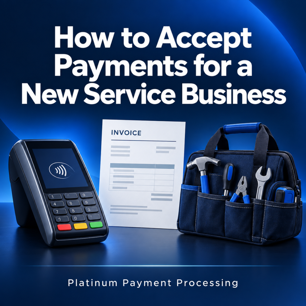 Article cover: How to Accept Payments for a New Service Business, with illustrations of a payment terminal, invoice and tool bag.
