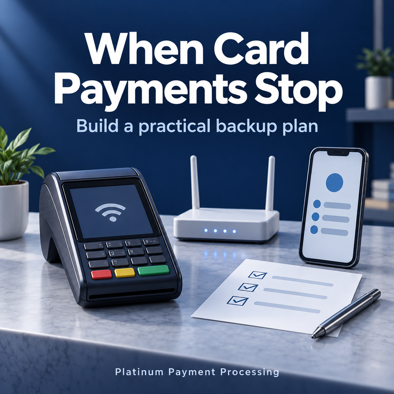 When Card Payments Stop: Build a practical backup plan. Illustrated payment terminal, router, phone and checklist. Platinum Payment Processing.