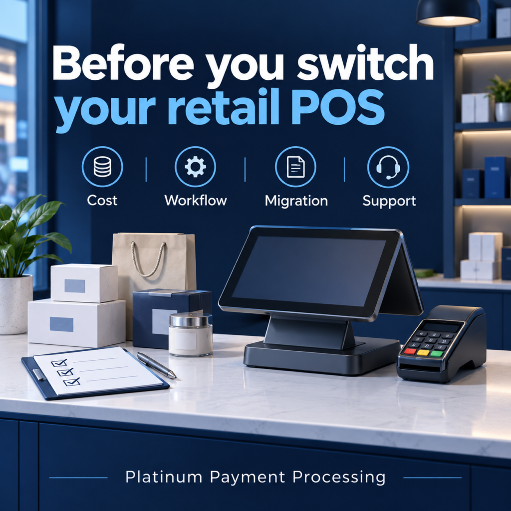 Before you switch your retail POS: compare cost, workflow, migration and support. Editorial illustration of a retail checkout counter.