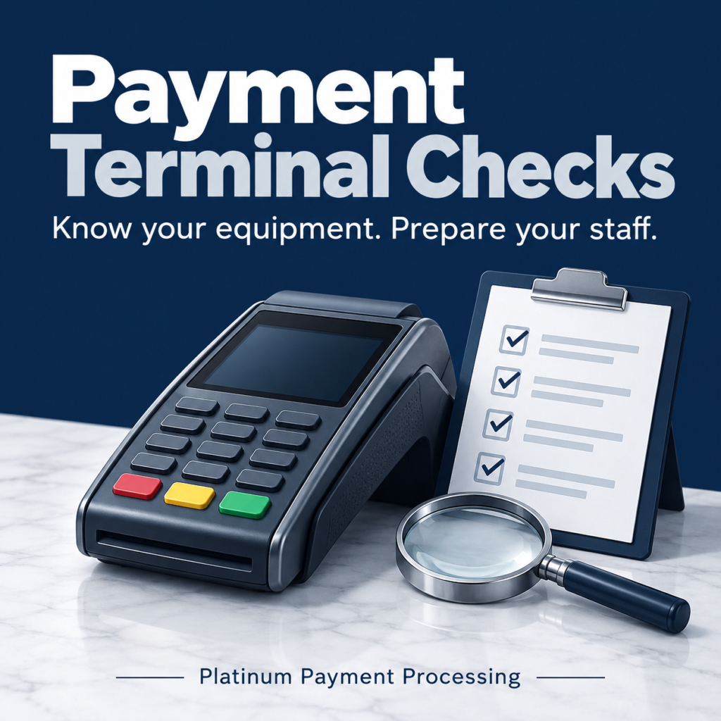 Payment Terminal Checks: Know your equipment. Prepare your staff. Illustration of a payment terminal, checklist and magnifying glass. Platinum Payment Processing.