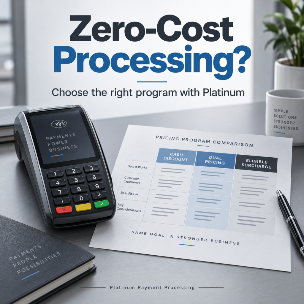 Zero-Cost Processing? Choose the right program with Platinum. A payment terminal beside a comparison of cash discount, dual pricing and eligible surcharge programs.