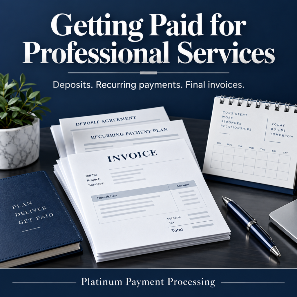 Getting Paid for Professional Services. Deposits, recurring payments and final invoices. Invoice documents, calendar and pen. Platinum Payment Processing.