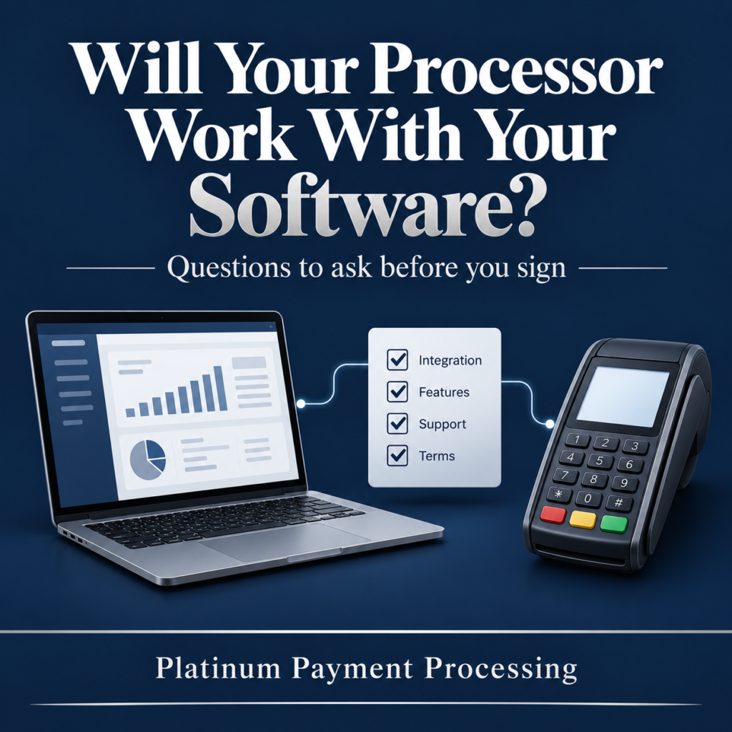 Will Your Processor Work With Your Software? Questions to ask before you sign. Laptop, payment terminal and checklist. Platinum Payment Processing.