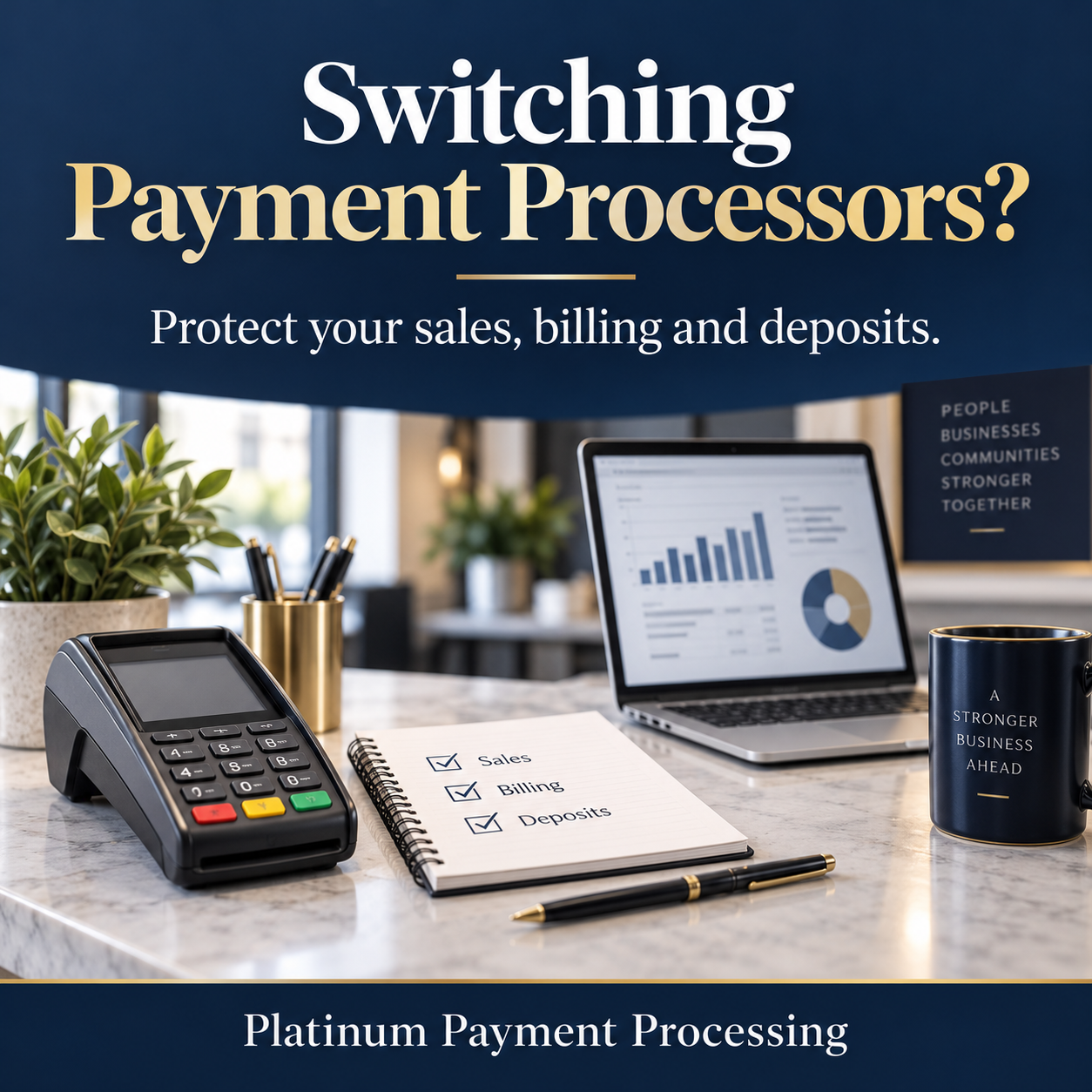 Switching Payment Processors? Protect your sales, billing and deposits. Payment terminal, laptop and checklist. Platinum Payment Processing.