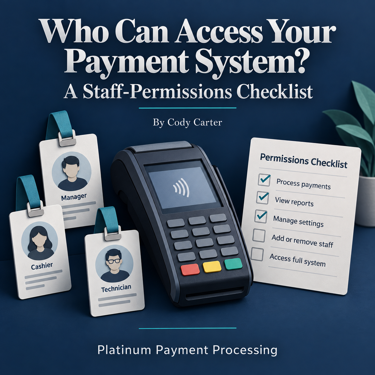Who Can Access Your Payment System? A Staff-Permissions Checklist by Cody Carter. Payment terminal, staff badges and permissions checklist. Platinum Payment Processing.